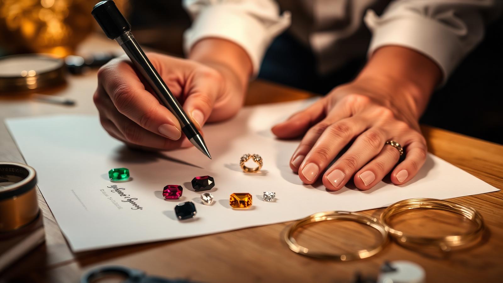 Master jeweller sketching a custom ring design with loose gemstones