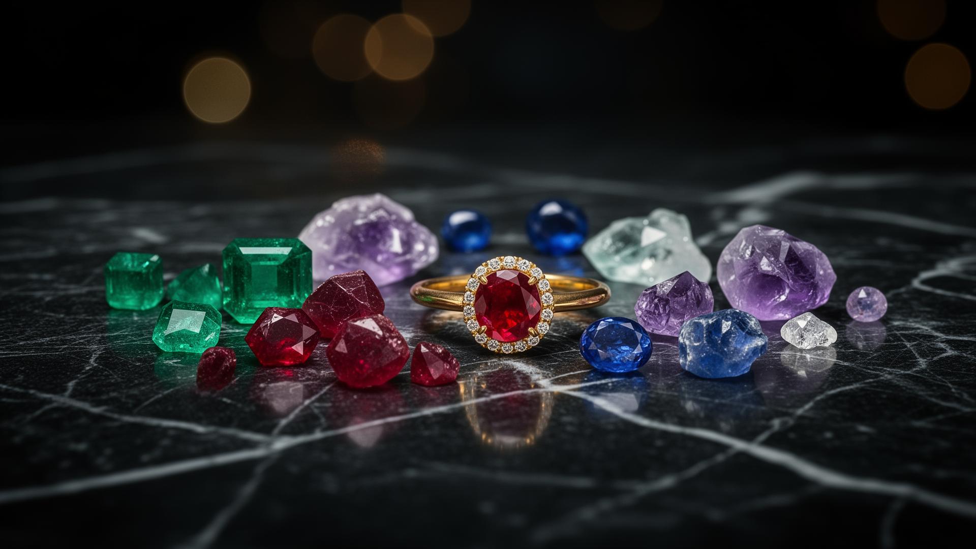 Natural emeralds, rubies, sapphires and amethysts with a ruby ring-3 on dark marble