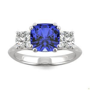 3.70 CTW   Cushion Sapphire Engagement Ring in 14K White Gold